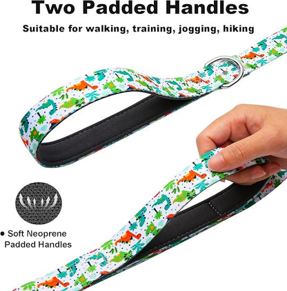 6 Foot Dog Leash for Medium Large Dogs, Double Handle Dog Leash with Padded Traffic Control Handles, Walking Training Lead, Dinosaur