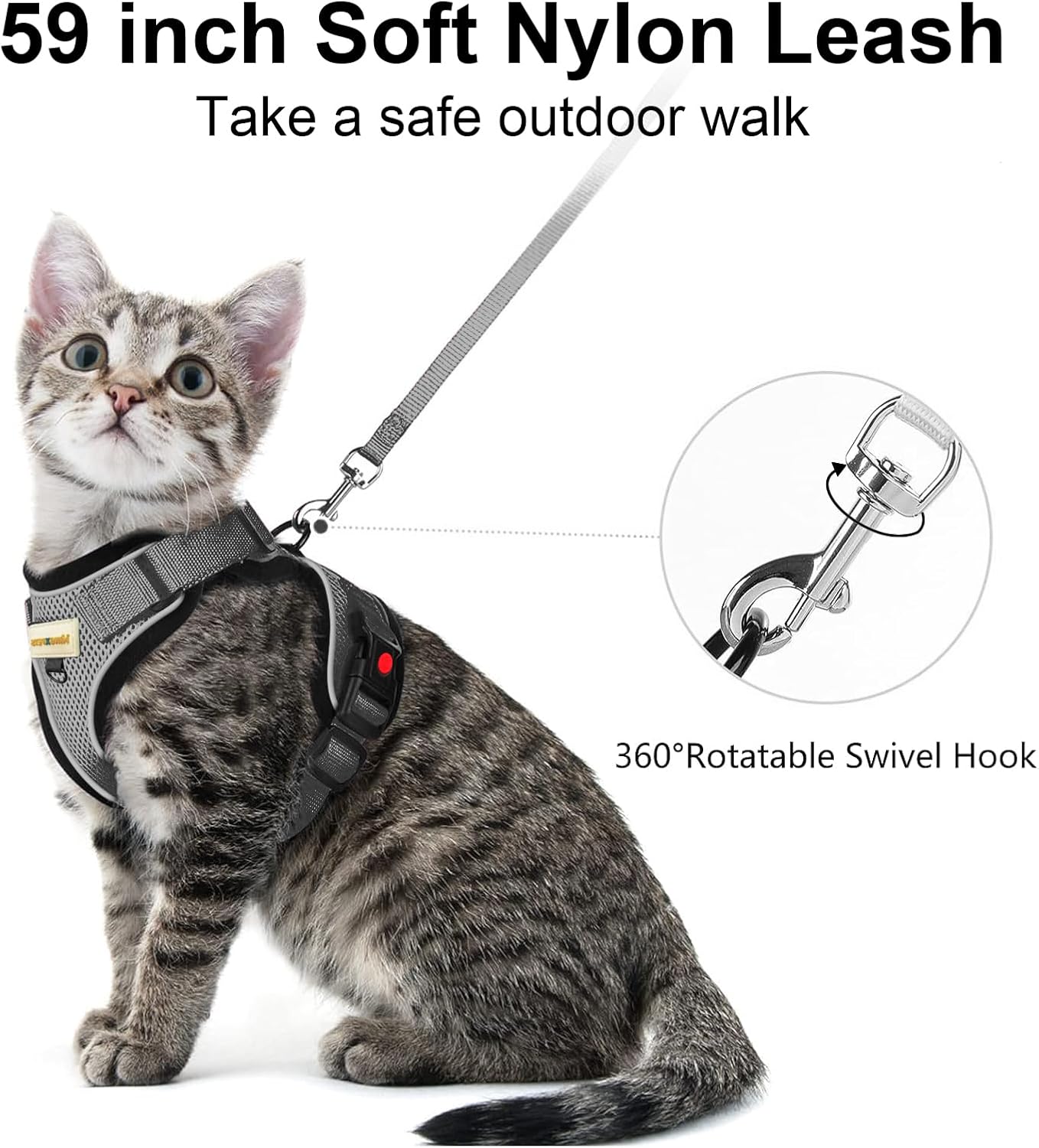 Cat Harness and Leash for Walking, Retractable Cat Harnesses and Leash Set Escape Proof, Breathable Soft Kitten Small Large Harness for Travel Training and Walking, Grey, XXS