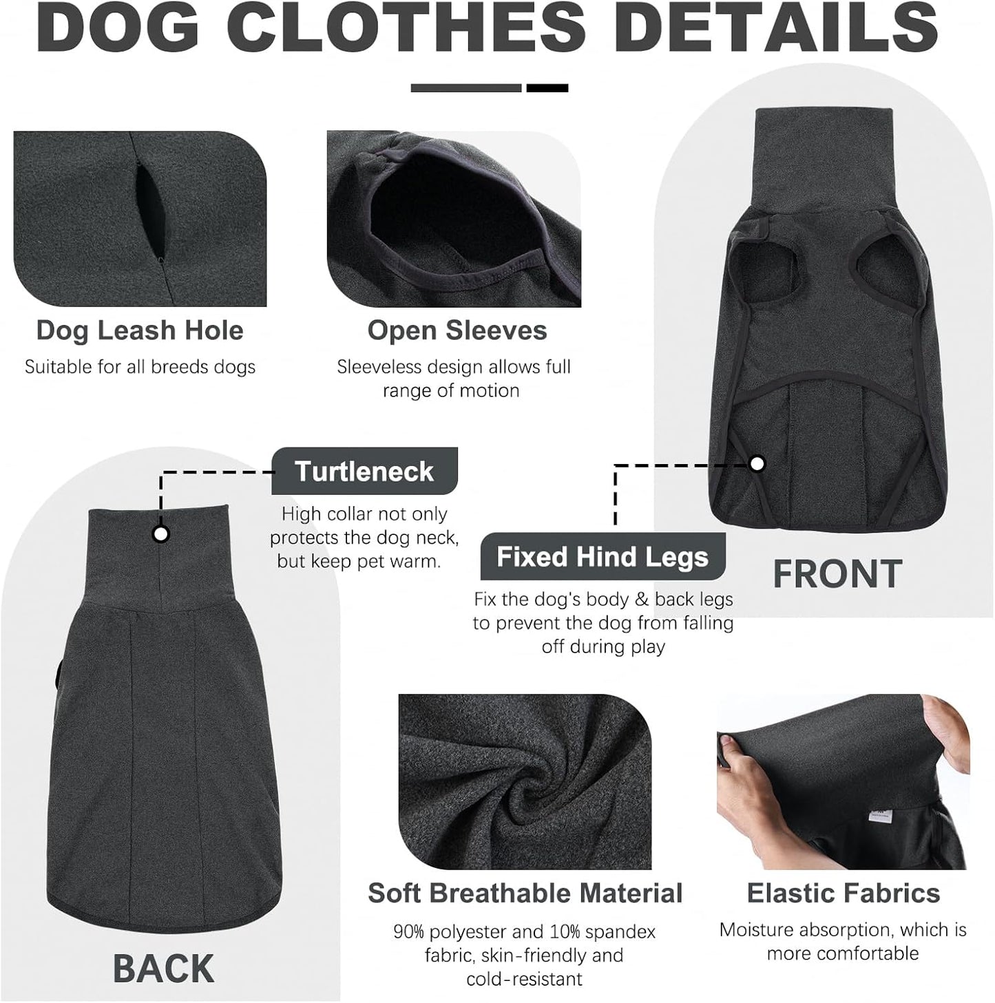 ROZKITCH Warm Dog Sweaters Turtleneck with Leash Hole, Windproof Warm Cold Weather Jacket Vest Cozy Jumpsuit Apparel Outfit Clothes for Walking Hiking Travel Sleep Black S