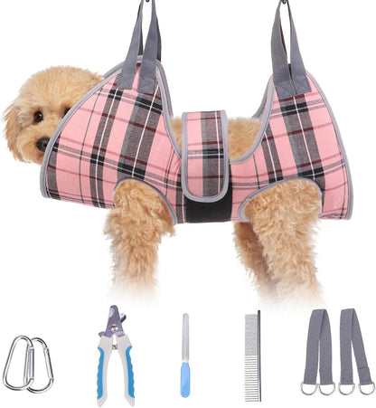 BEAUTYZOO Dog Grooming Hammock for Small Dogs Cat- Dog Sling for Nail Trimming/Clipping- Dog Hanging Harness Holder with Thick Fabric Neck Support & Strap Restraint Claw Care, Pink XS