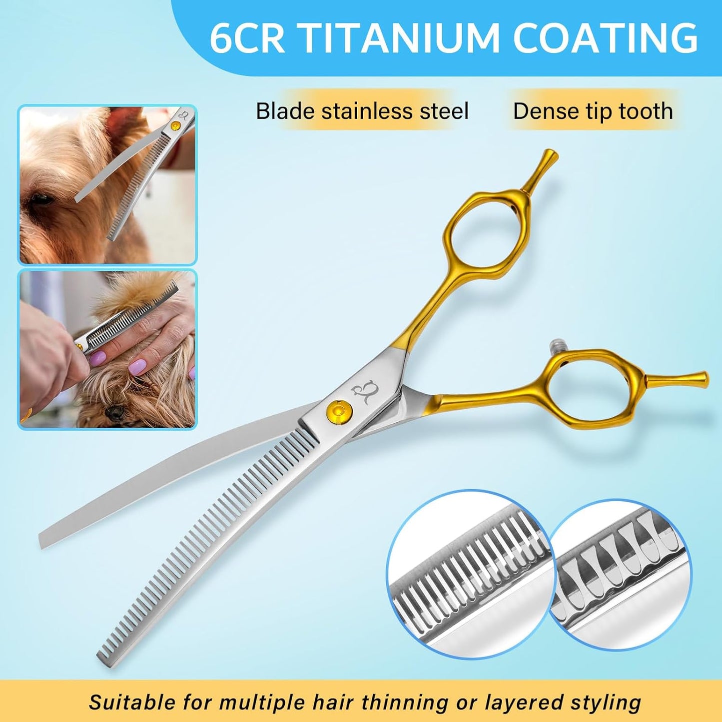 Dog Grooming Scissors,Curved Thinning Shears Curved Chunkers Shears with Safety Round Tips, Sharp and Comfortable 4 in 1 Dog Scissors for Grooming