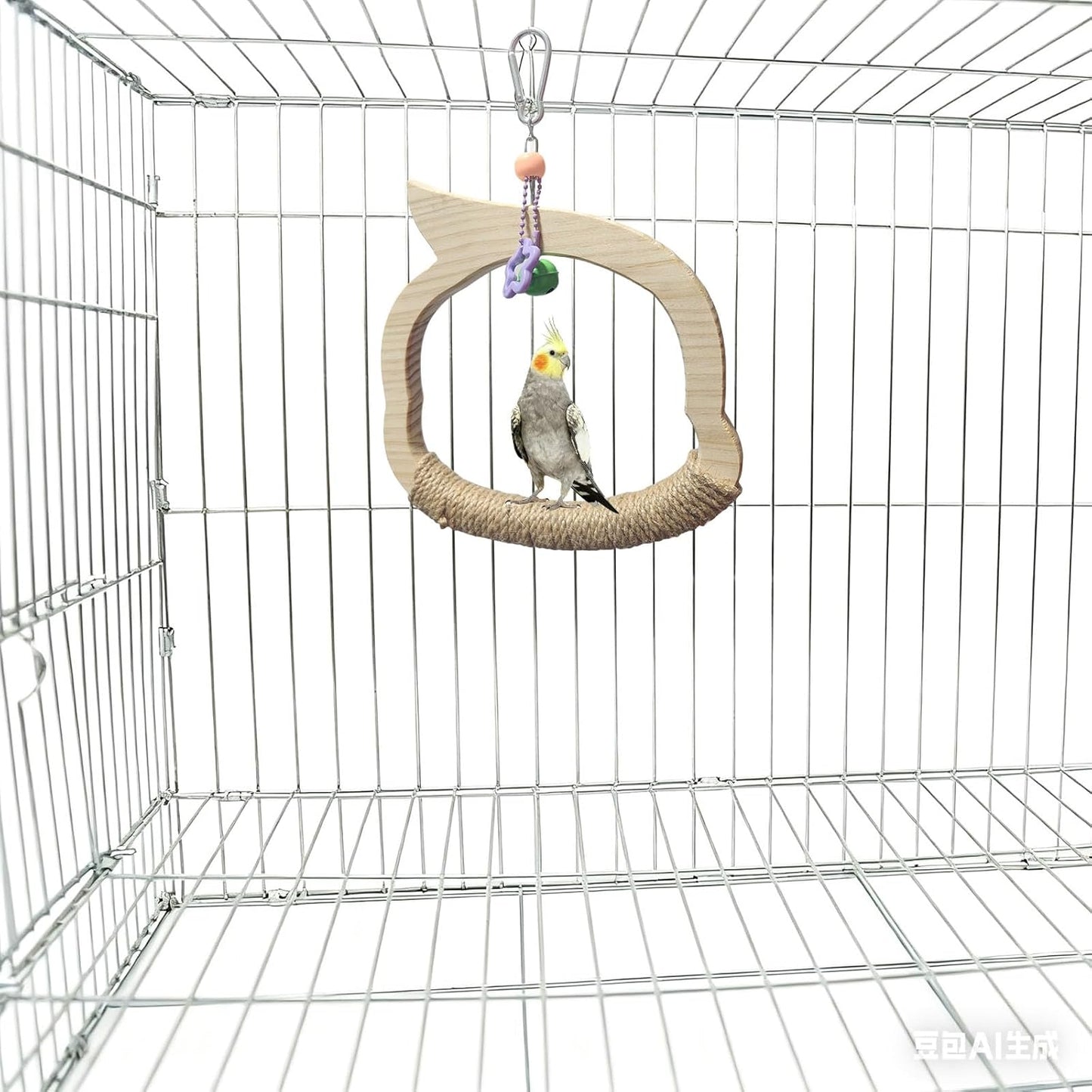 Wooden Bird Swing Perch Toy for Small and Medium Parrots, Natural Wood Ring with Bell and Rope Wrap, Hanging Cage Toy for Cockatiels, Budgies, Lovebirds, Conures