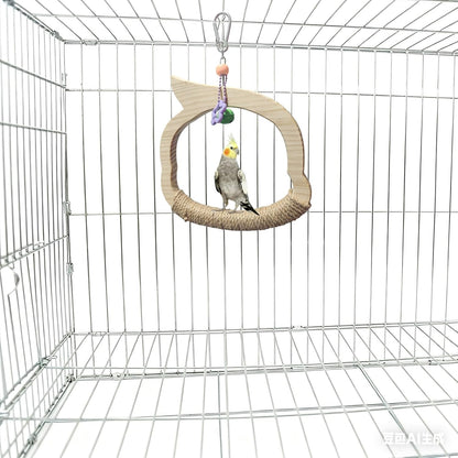 Wooden Bird Swing Perch Toy for Small and Medium Parrots, Natural Wood Ring with Bell and Rope Wrap, Hanging Cage Toy for Cockatiels, Budgies, Lovebirds, Conures