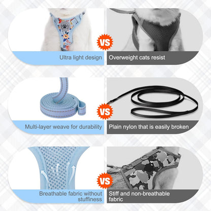 BEAUTYZOO Cat Harness and Leash Set for Walking Escape Proof, Neck Release Adjustable Harness for Kitten Puppy Small Medium Large Cats, Soft Cute Easy Control Small Cat Harness for Cats Boy and Girls