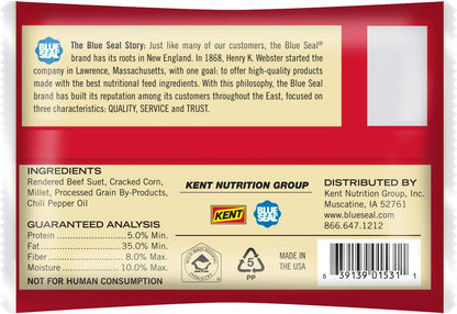 Blue Seal Hot Pepper Suet Cakes for Wild Birds | No Mess Suet Feed with Cracked Corn | Food for Woodpeckers, Cardinals, Siskins & Sparrows | Use with Suet Feeder | 11oz Seed Cake (12 Pack)