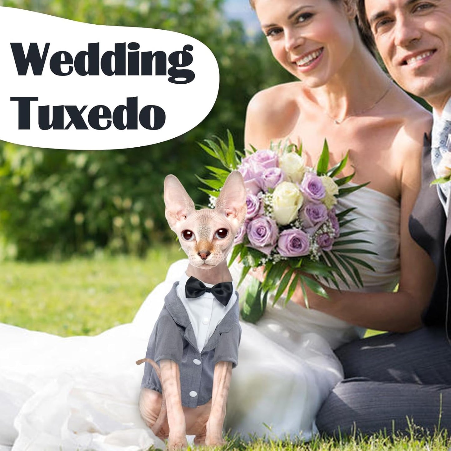 QBLEEV Cat Tuxedo Suit, Cat Halloween Costumes for Cats Only, Sphynx Cat Tuxedo Outfit Costume with Bow Tie, Kitten Formal Attire Wedding Birthday Onesie Clothes for Male Girl Hairless Cats