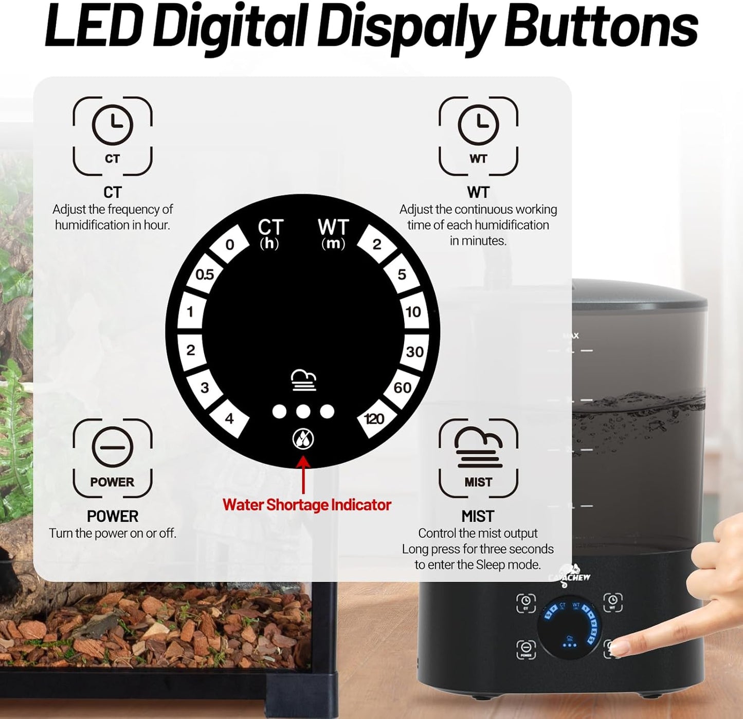 4L Reptile Humidifier Fogger Top Fill, Automatic Misting System for Reptiles, Adjustable Fogging, Leak-Proof, Timing Terrarium Mister Tank Humidifier for Snake Chameleon Frog Hermit Crab