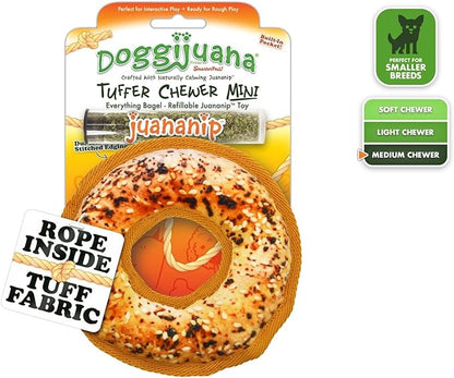 Doggijuana Tuffer Chewer Mini Plush Dog Toy | Funny Dog Toy Plush with Juananip Catnip for Dogs | Calming Aid for Dogs | Interactive Squeaky Chew Toy for Play (Bagel)