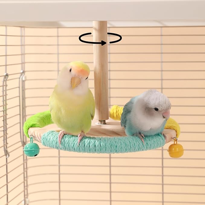 360° Interactive Rotating Bird Perch Toy with Bell - Natural Wood Spinning Cage Accessory for Parakeets, Budgies, Lovebirds, Cockatiels, Conures, Finches and Small/Medium Birds