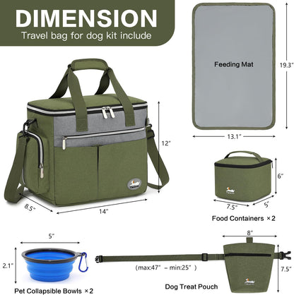 Dog Travel Bag for Pet Kit for Supplies with 2 Food Storage Containers 2 Collapsible Bowl 1 Feeding Mat 1 Dog Treat Pouch 7-Piece Set Perfect Road Trips Camping Weekend Doggy Gift Olive Green