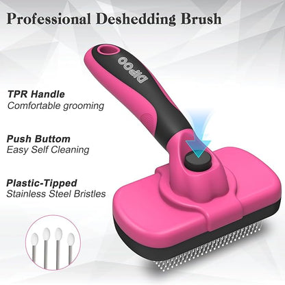Self-Cleaning Pet Grooming Brush - Skin-Friendly Deshedding Tool for Dogs & Cats in Pink, Removes Loose Hair and Tangles