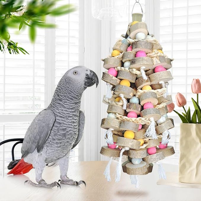 Bird Toys for Large Parrots Toys Natural Colored Wooden Bird Cages Chew Accessories for Macaws, Cockatoos, African Grey, and Amazon Parrots,
