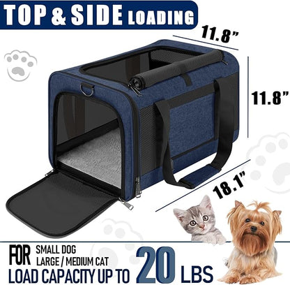 Dog Carrier Soft/Cat Crates Large Cat 20 to 25 pounds/Softsided Pet Car Travel Carry Bag 15 Pound Puppy/Top Open Transport Kennel Navy