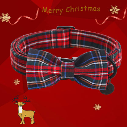 DOGWONG Premium Christmas Dog Collars, Red Plaid Dog Collar, Adjustable Heavy Duty Girl Boy Dog Collar with Bow for Small Puppy Dogs