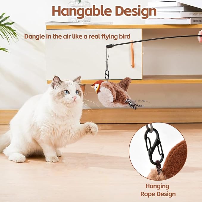 Flappy Bird Cat Toy for Indoor Cats, Simulated Chirping Flapping Wings Bird, Interactive Catnip Toys, Plush Kitten Exercise Toys (Brown Sparrow)