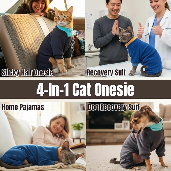 T'CHAQUE Sticky Hair Cat Onesie - Soft Long Sleeve Cat Pajamas, Anti-Shedding,Surgery Recovery Suit, Wound Protection & Preventing Licking, Kitten Sweaters for Male Female, Blue-S