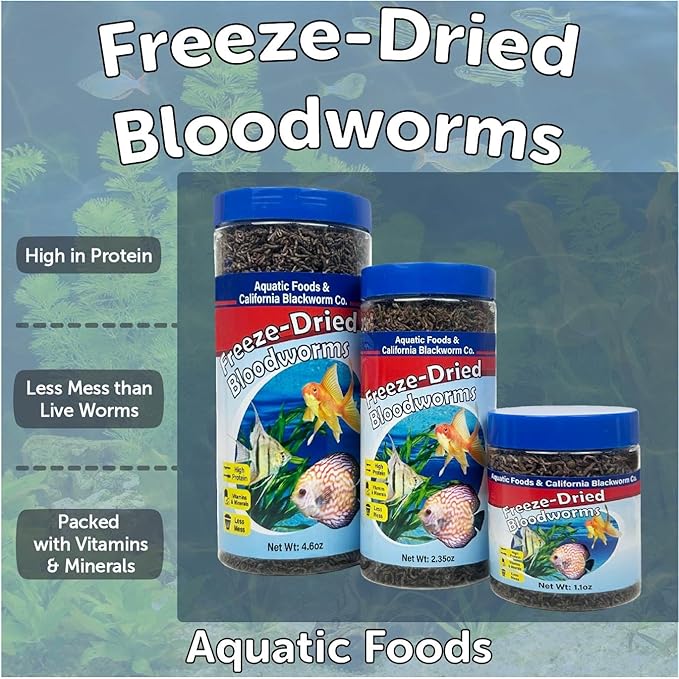 Aquatic Foods Inc. Bloodworms, Grade A Freeze Dried Floating Bloodworms for Cichlids, Discus, Goldfish, Bettas, Angel Fish, Marine Fish, 12-Type Pellet Mix & 4-Type Wafer Mix Included..1.0oz Canister