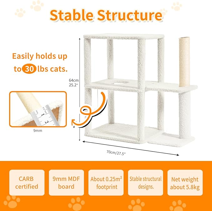 Cat Bed Cave for Indoor Cats with Scratch Pad Cat House Condo Adults with Fluffy Ball Cats Hideaway Large 2-Storey Cube Beds for Pets Grey