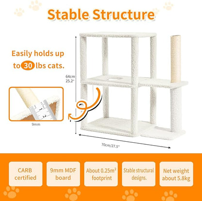 Cat Bed Cave for Indoor Cats with Scratch Pad Cat House Condo Adults with Fluffy Ball Cats Hideaway Large 2-Storey Cube Beds for Pets Grey