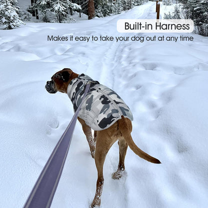 FUAMEY Dog Coat for Small Dogs,Waterproof Dog Winter Jacket with Harness Built in Puppy Cold Weather Coats Reflective Pet Vest with Zipper Warm Fleece Dogs Snowsuit Windproof Grey Camo XS