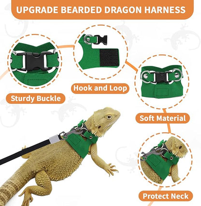 3 Pack Bearded Dragon Leash and Harness Set, Retractable 9.8FT Leash with 3 Sizes Adjustable Soft Harness for Reptile Small Animals Walking, Cute Lizard Vest Clothes for Reptile Lovers -Green