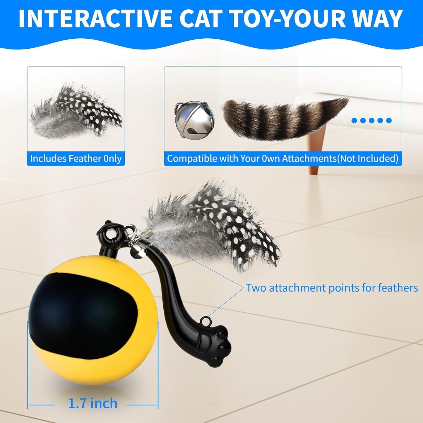 Interactive Cat Ball Toy with Remote Control, Automatic Moving Cat Toys Ball with Feather Tail, Electric Puzzle Toy for Chasing and Hunting (Yellow)