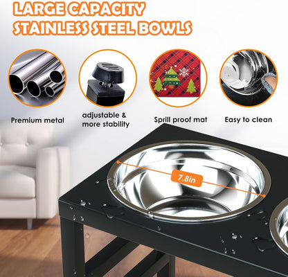 Raised Dog Bowl for Christmas, 10" Tall Elevated Dog Bowls with 2 Stainless Steel 42oz Bowls & 16x24 Non-Slip Mat, Raised Bowl Stand Gift for Dogs