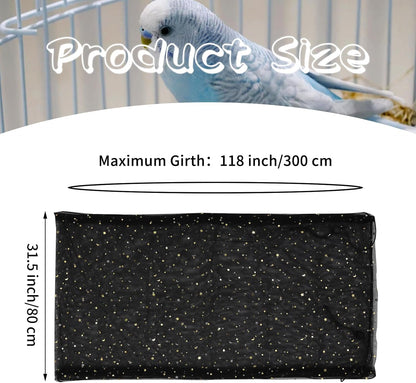 Daoeny Bird Cage Seed Catcher, Large Bird Cage Cover, Adjustable Soft Airy Nylon Mesh Net, Birdcage Cover Skirt Seed Guard for Parrot Parakeet Macaw African Round Square Cages (Black, Sequins Star)