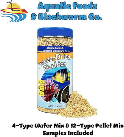 Aquatic Foods Inc. Pacific Plankton, Freeze Dried Plankton for Marines, Corals, Anemones, Cichlids, Discus, Tetras, Goldfish, Angel Fish, 12-Type Pellet Mix, 4-Type Wafer Mix Included..2.45oz Canister