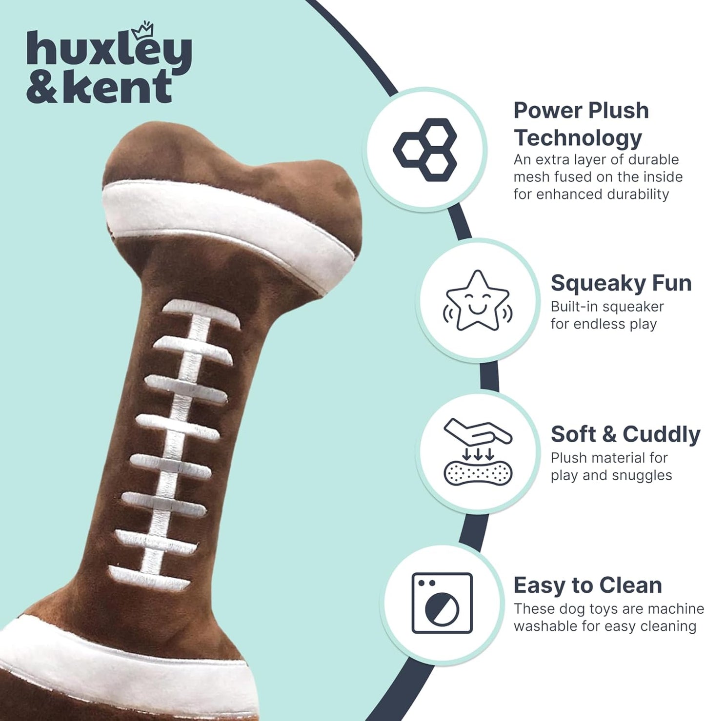 Huxley & Kent Funny Dog Toy w/Squeaker – Power Plush Squeaky Dog Toys for Small, Medium & Large Dogs – Soft Stuffed Animal for Indoor Play & Fetch - Football Bone, Small
