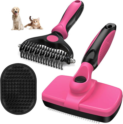 3PCS Self Cleaning Slicker Brush & Pet Grooming Rake & Bath Brush for Dogs,Cats and Horses | Double-Sided Dematting Comb & Skin Friendly Deshedding Grooming Tool | Premium Pet Supplies (Red Black)