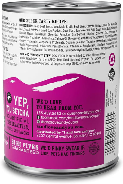 I AND LOVE AND YOU Wet Dog Food - Moo Moo Venison Stew - Beef + Venison Recipe, Grain Free, Filler Free 13oz can, 12pk