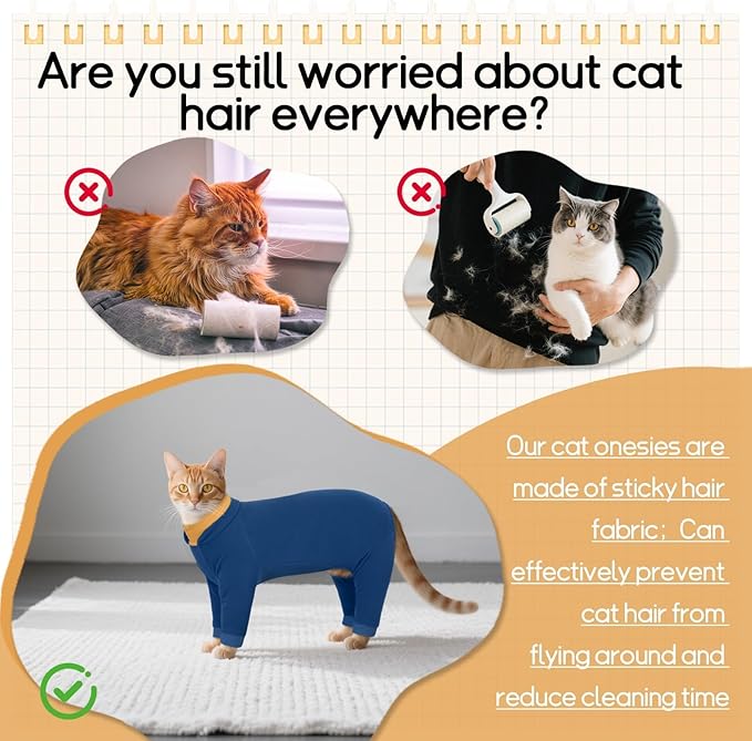 T'CHAQUE Sticky Hair Cat Onesie - Soft Long Sleeve Cat Pajamas, Anti-Shedding,Surgery Recovery Suit, Wound Protection & Preventing Licking, Kitten Sweaters for Male Female, Blue-XS