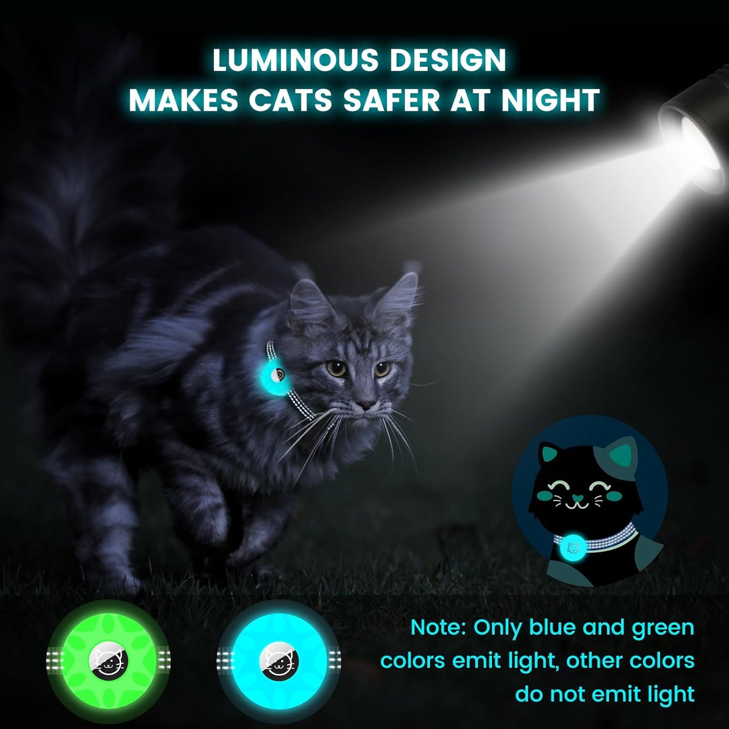 Apple AirTag Cat Collar, GPS Tracker with Reflective Breakaway Design, Lightweight Kitten Collar with Bell (Black/Luminous Blue)