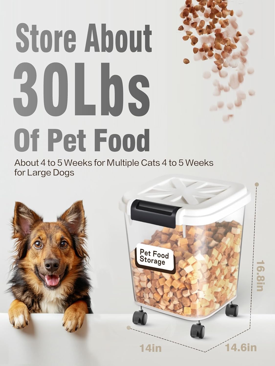 LivLab Mker Airtight Rice Storage Container 50 lbs, Attachable Wheels, for Dog Cat Bird and other Pet Food Storage Bin, Keep Fresh, Easy Mobility, BPA Free, White