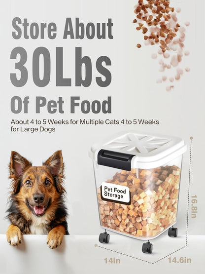 LivLab Mker Airtight Rice Storage Container 50 lbs, Attachable Wheels, for Dog Cat Bird and other Pet Food Storage Bin, Keep Fresh, Easy Mobility, BPA Free, White