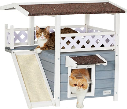 Petsfit Outdoor Cat House Weatherproof, Wooden Outside Feral Cat Shelter with Scratch, 2 Story Cat Houses for Indoor Cats Small Dogs with Escape Door(Gray)