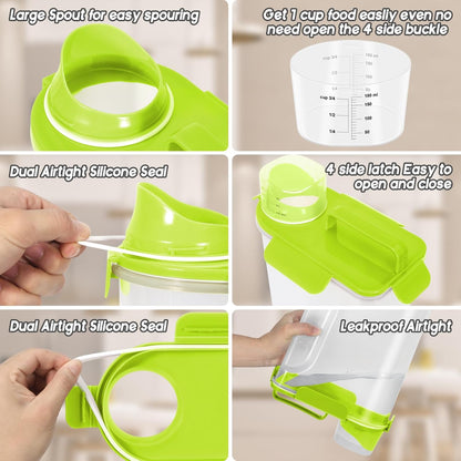 5-7Lbs Cat Dog Storage Container, Portable Pet Food Containers with Upgraded Large Spout and Cup, Small Animal Kibble Dispenser for Bird Seed, Oatmeal, Rice, Flour (1, Bright Green, 5L)