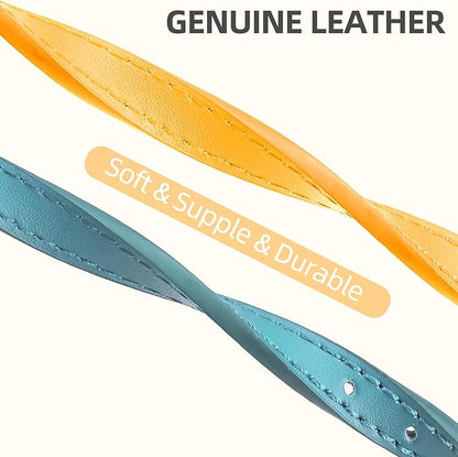 PUPTECK 2 PCS Soft Genuine Leather Cat Kitten Collar with Bells Adjustable for Girl Boy Cats Puppy - Yellow, Teal