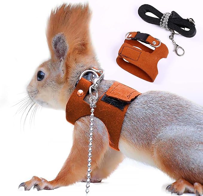 3PC Bearded Dragon Harness Leash Set Adjustable Soft Suede Leather Vest Harness with Traction Rope Outdoor Walking Escape-Proof for Reptile Lizard Squirrel Ferret (Brown)