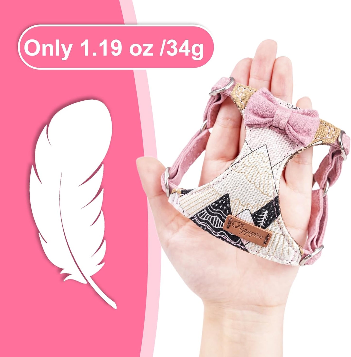 Puppytie No Pull xs Dog Harness with Multifunction Dog Leash,Soft Adjustable No Choke Escape Proof Pet Harness Vest,Suede Bow Pink,XS