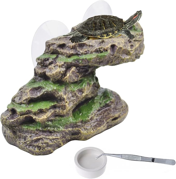 PINVNBY Turtle Basking Platform with 2 Pcs Suction Cups,Resin Floating Dock for Turtles,Tortoise Climbing Ramp Shale - Ideal for Aquatic Turtles,Stable & Durable,Easy to Install(Green Brown)