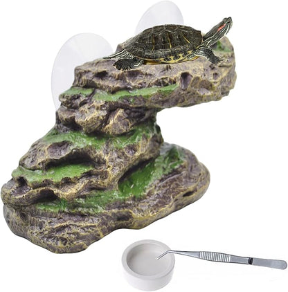 PINVNBY Turtle Basking Platform with 2 Pcs Suction Cups,Resin Floating Dock for Turtles,Tortoise Climbing Ramp Shale - Ideal for Aquatic Turtles,Stable & Durable,Easy to Install(Green Brown)