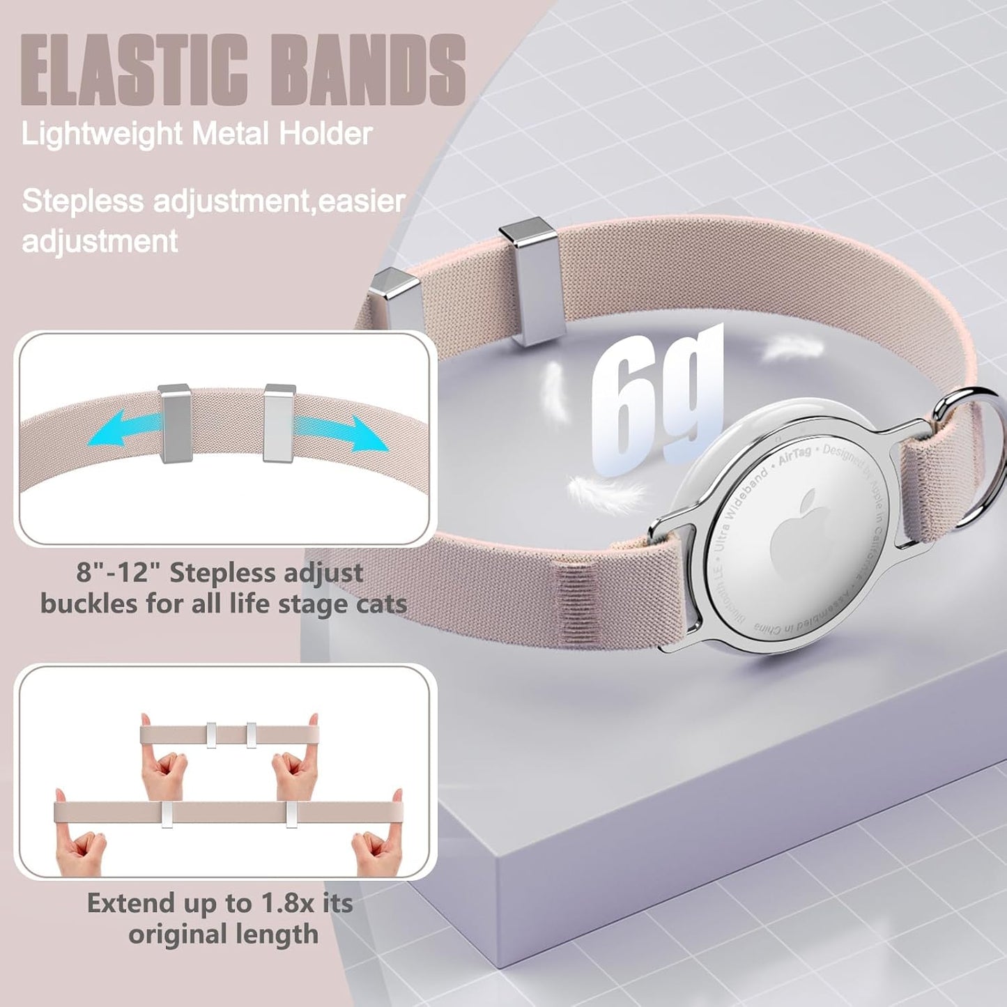 Cat Collar, Ultra Elastic Cat Tracker Collar, Holder Compatible with Apple Air Tag, [Lightweight & Scratch Resistant] Adjustable Stepless GPS Pet Collar for Cats Kittens, Khaki