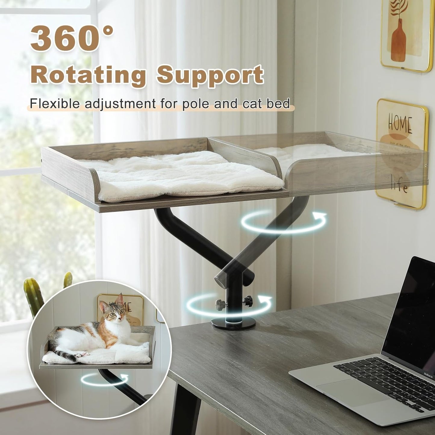 PAWZ Road Cat Desk Bed, Wooden Cat Bed for Desk Supports Up to 50 lbs, 360° Rotation & Adjustable, Nest Desktop Attachment Cats Hammock for Table, Gray