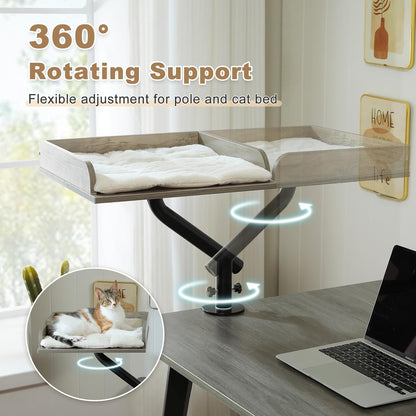 PAWZ Road Cat Desk Bed, Wooden Cat Bed for Desk Supports Up to 50 lbs, 360° Rotation & Adjustable, Nest Desktop Attachment Cats Hammock for Table, Gray