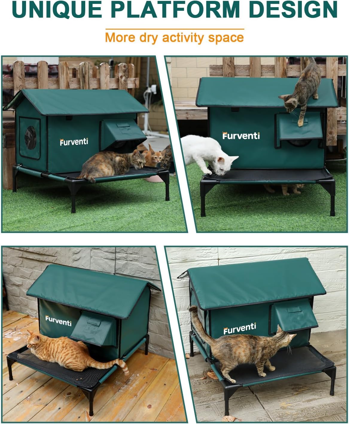Heated Cat House for Outside,More Platform Space,Extremely Weatherproof & Insulated in Winter,Elevated Outdoor Cat Shelter with Eaves & Escape Door for Barn Feral Stray Cat(Dark Green,Large)