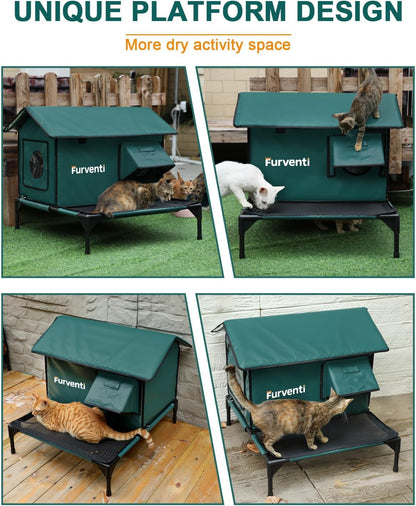 Heated Cat House for Outside,More Platform Space,Extremely Weatherproof & Insulated in Winter,Elevated Outdoor Cat Shelter with Eaves & Escape Door for Barn Feral Stray Cat(Dark Green,Large)