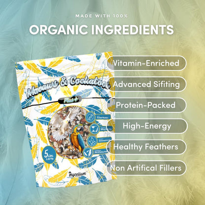 Mycelium Organic Macaw & Cockatoo Plus Bird Food (5 LBS) | High-Protein Bird Seed for Large Birds | Vitamin-Enriched Daily Nutrition | Skin & Feather Support | Non-GMO & USA Made