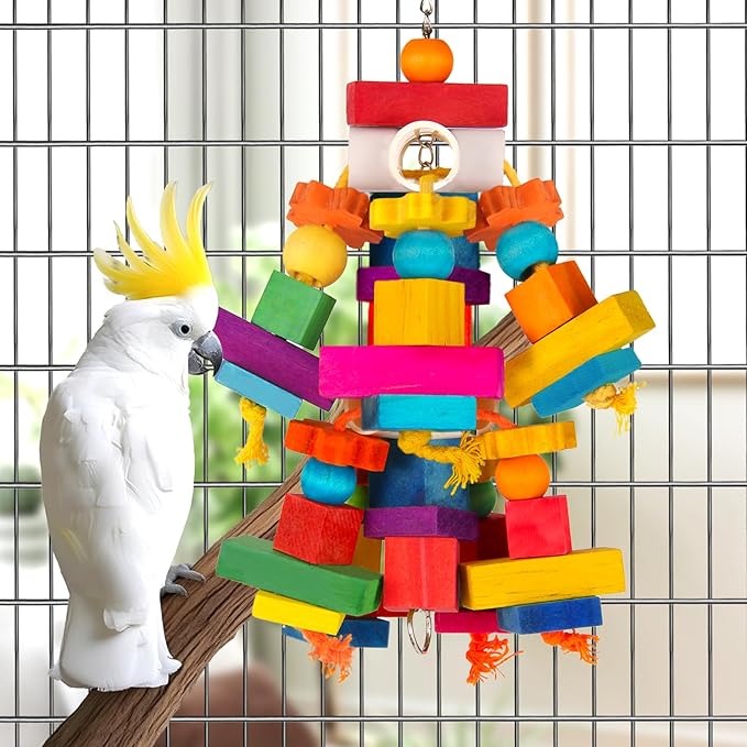 Kyouki Large Parrot Toy, Bird Toys for Cockatoos,Macaws, African Grey, Amazon Parrots,Conures, Lovebirds, Multicolored Natural Wooden Blocks Chewing Toys Bird Cage Accessories (Colorful)